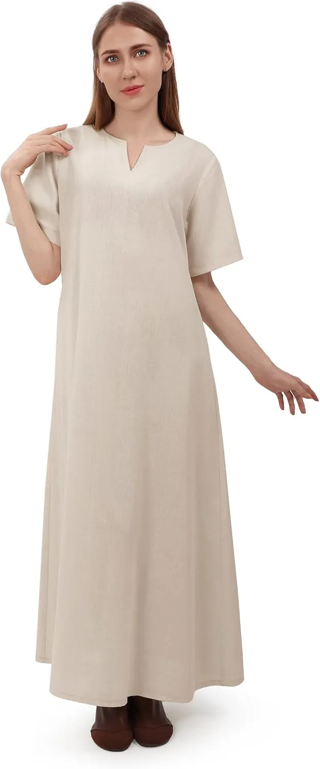 FURPHI Medieval Linen Underdress Short Sleeves Tunic Peasant Dress Cosplay Costumes for Women