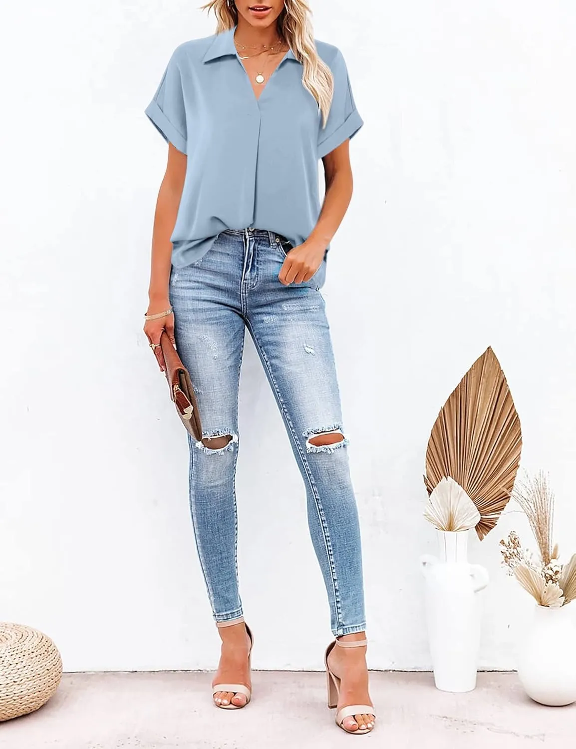 Gaharu Women's Summer Work Blouse V Neck Short Sleeve Lapel Shirt Top Tunic