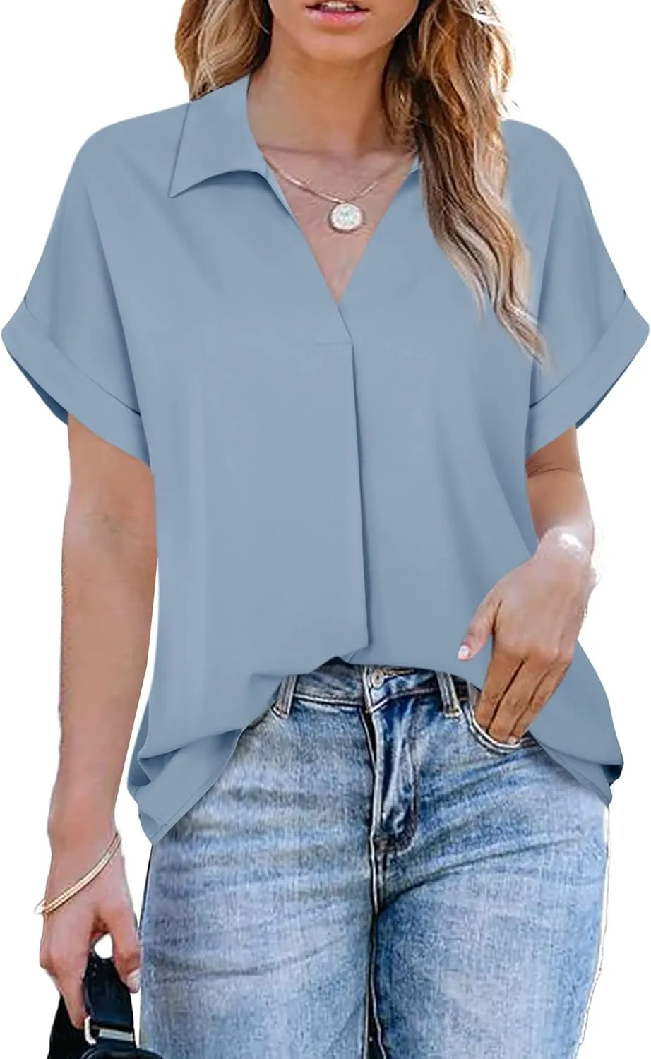 Gaharu Women's Summer Work Blouse V Neck Short Sleeve Lapel Shirt Top Tunic