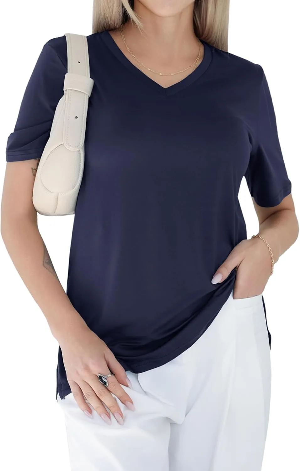 GAYHAY Womens V Neck T Shirts Oversized Loose Fit Short Sleeve Tops Casual Summer Vacation 2025