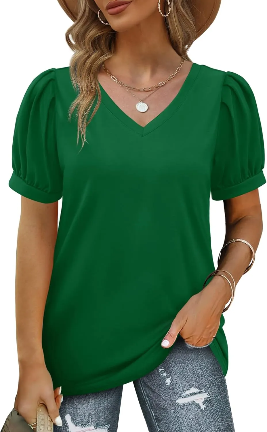 Geifa Womens Summer Tops Puff Short Sleeve V Neck T Shirts Loose Casual Tshirts