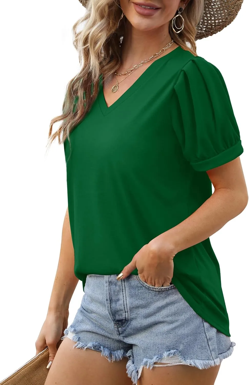 Geifa Womens Summer Tops Puff Short Sleeve V Neck T Shirts Loose Casual Tshirts