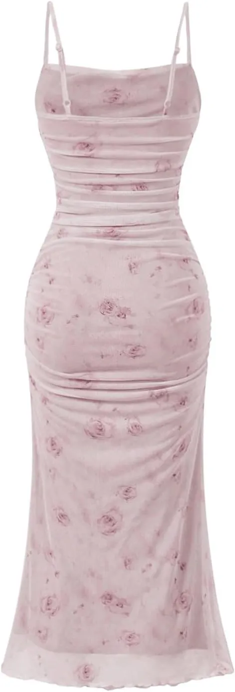GORGLITTER Women's Floral Ruched Bodycon Midi Dress Mesh Sleeveless Fishtail Cami Dresses