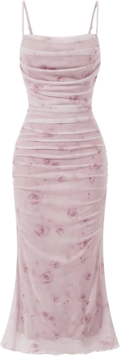 GORGLITTER Women's Floral Ruched Bodycon Midi Dress Mesh Sleeveless Fishtail Cami Dresses