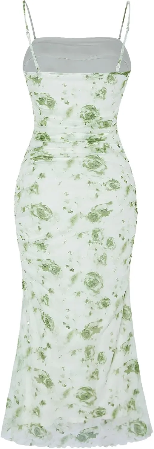 GORGLITTER Women's Floral Ruched Bodycon Midi Dress Mesh Sleeveless Fishtail Cami Dresses