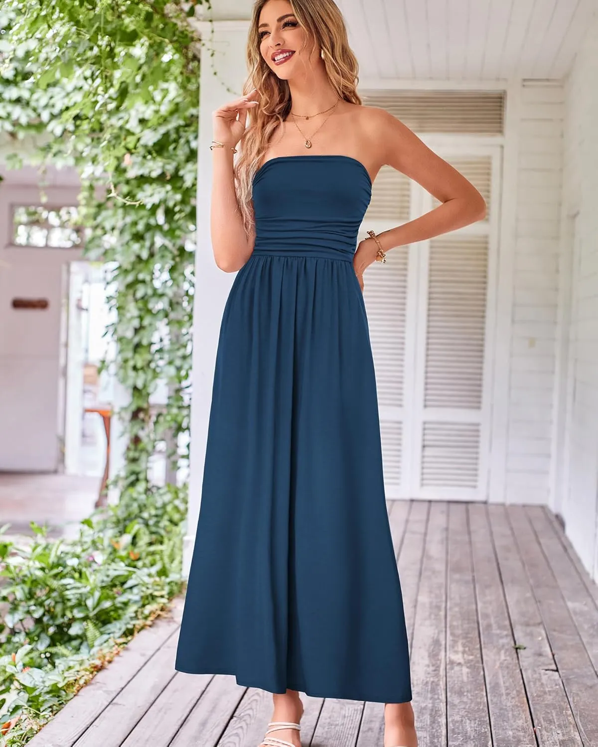 GRACE KARIN Women Strapless Casual Loose Ruched Long Maxi Dress with Pockets
