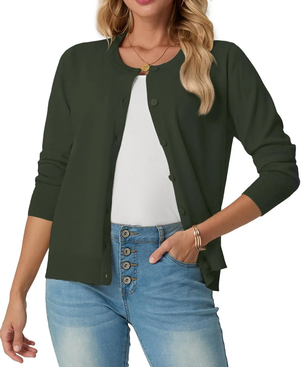GRECERELLE Women's Long Sleeve Lightweight Crewneck Casual Cardigan Sweater, S-2XL