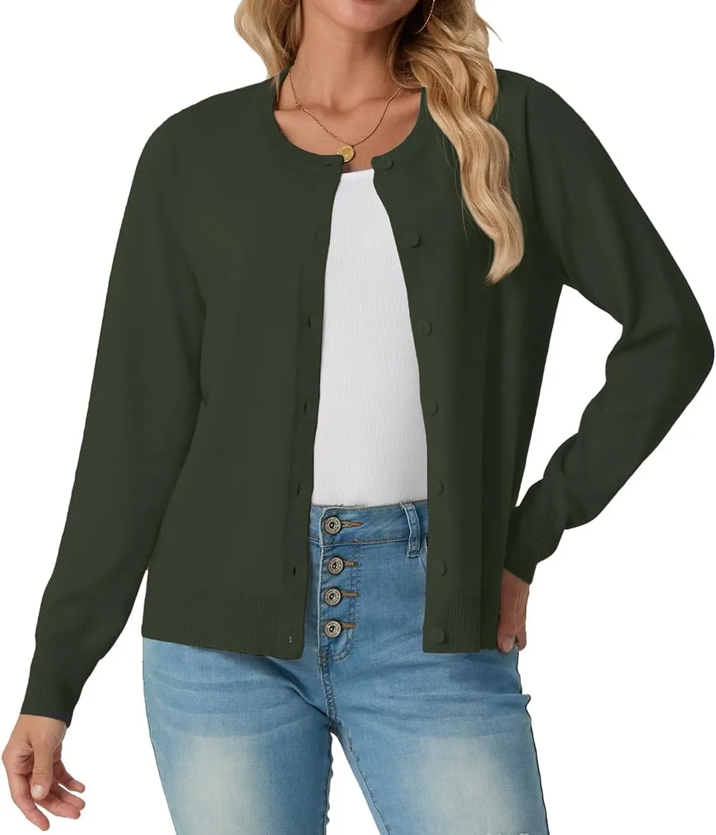 GRECERELLE Women's Long Sleeve Lightweight Crewneck Casual Cardigan Sweater, S-2XL
