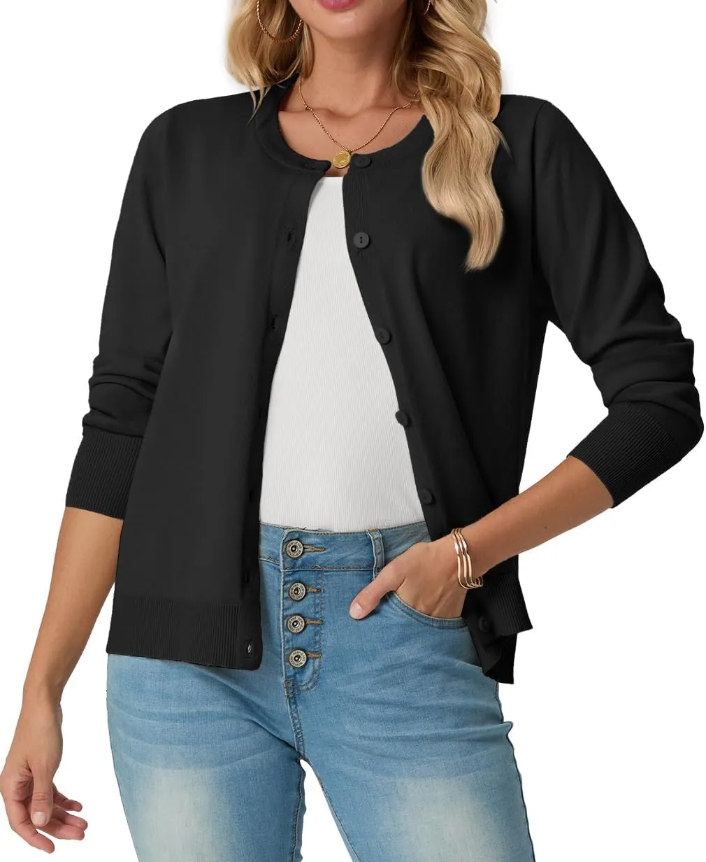 GRECERELLE Women's Long Sleeve Lightweight Crewneck Casual Cardigan Sweater, S-2XL