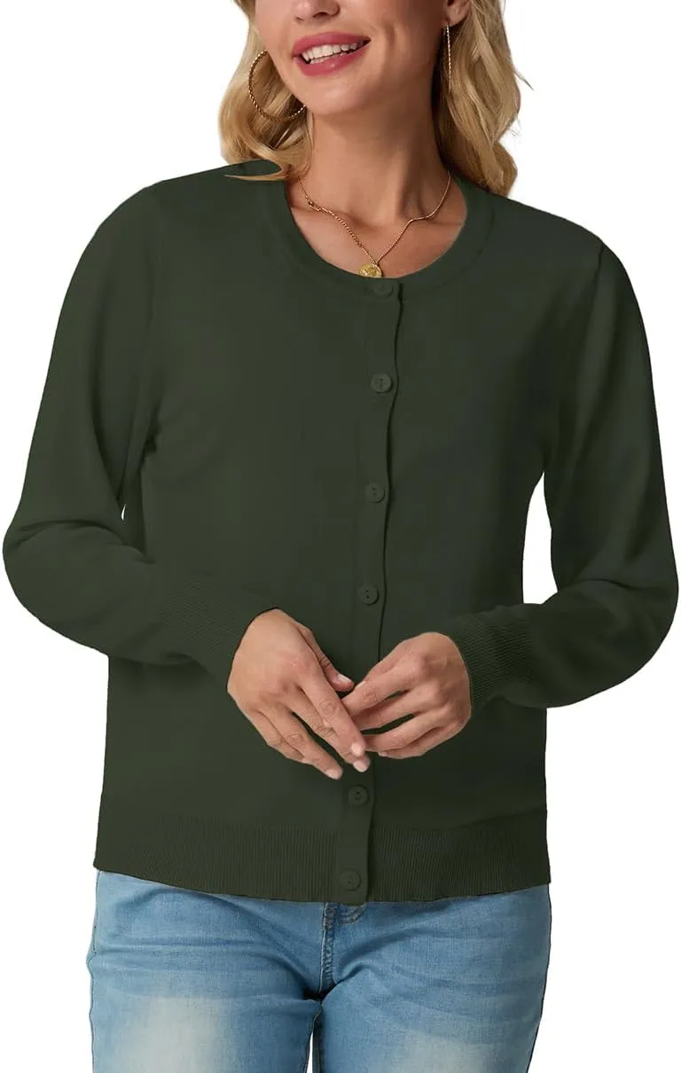 GRECERELLE Women's Long Sleeve Lightweight Crewneck Casual Cardigan Sweater, S-2XL