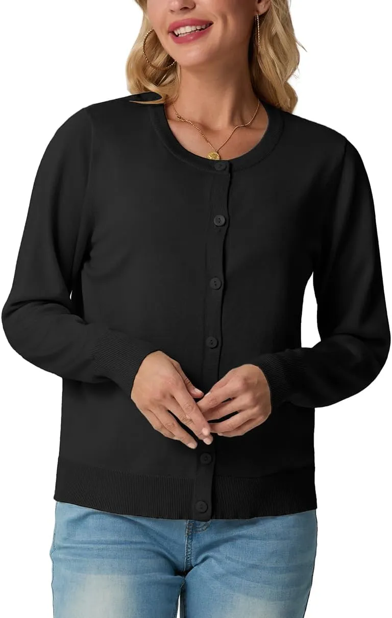 GRECERELLE Women's Long Sleeve Lightweight Crewneck Casual Cardigan Sweater, S-2XL