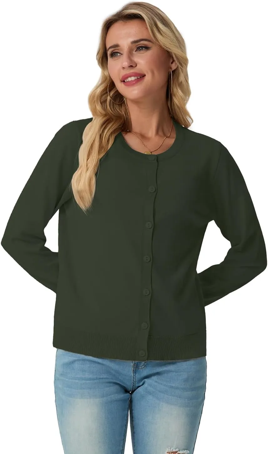 GRECERELLE Women's Long Sleeve Lightweight Crewneck Casual Cardigan Sweater, S-2XL