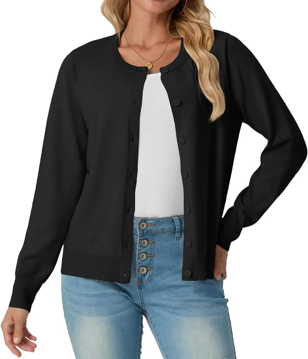 GRECERELLE Women's Long Sleeve Lightweight Crewneck Casual Cardigan Sweater, S-2XL