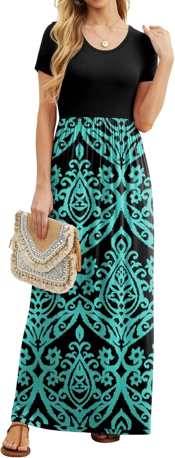 GRECERELLE Women's Short Sleeve Maxi Dresses Casual Long Dresses with Pockets