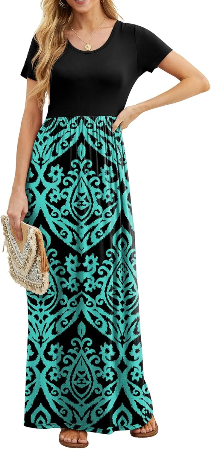GRECERELLE Women's Short Sleeve Maxi Dresses Casual Long Dresses with Pockets