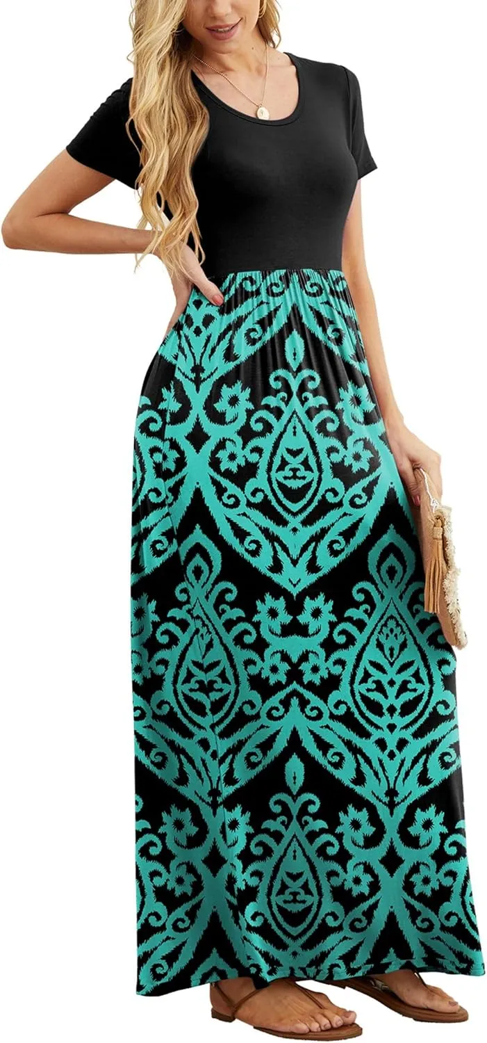 GRECERELLE Women's Short Sleeve Maxi Dresses Casual Long Dresses with Pockets