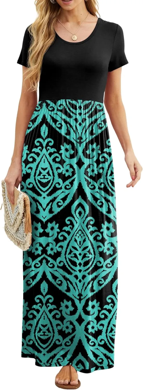 GRECERELLE Women's Short Sleeve Maxi Dresses Casual Long Dresses with Pockets