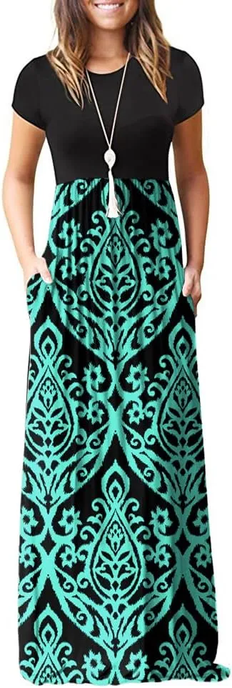 GRECERELLE Women's Short Sleeve Maxi Dresses Casual Long Dresses with Pockets