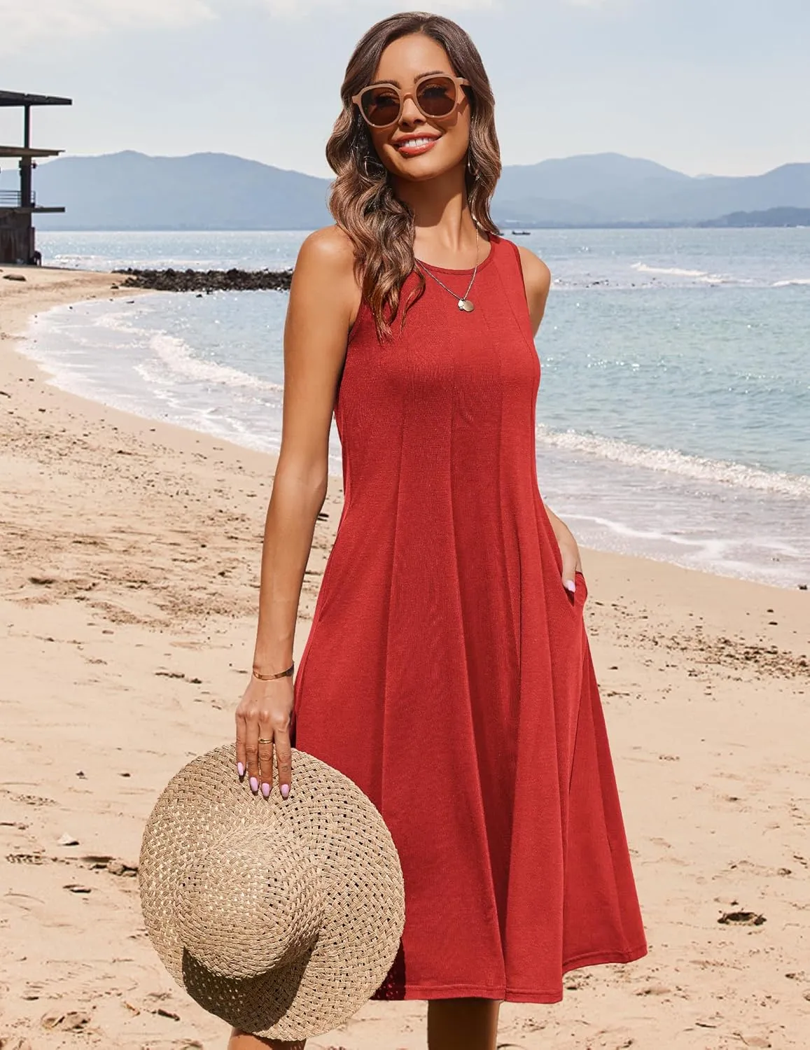 HOTOUCH Summer Casual Dresses for Women Sleeveless Midi Dress Swing Tank Sundress Pleated Tshirt Dress with Pockets