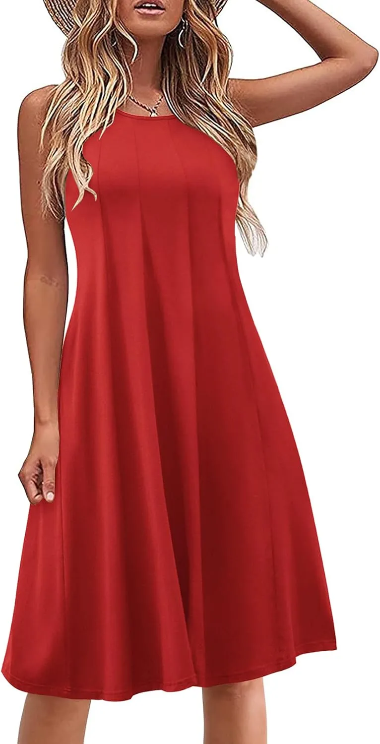 HOTOUCH Summer Casual Dresses for Women Sleeveless Midi Dress Swing Tank Sundress Pleated Tshirt Dress with Pockets