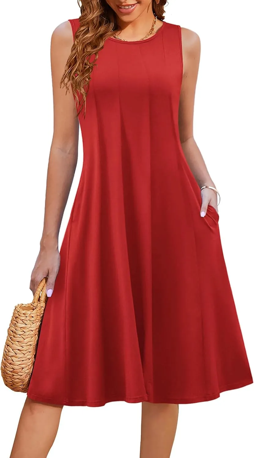 HOTOUCH Summer Casual Dresses for Women Sleeveless Midi Dress Swing Tank Sundress Pleated Tshirt Dress with Pockets
