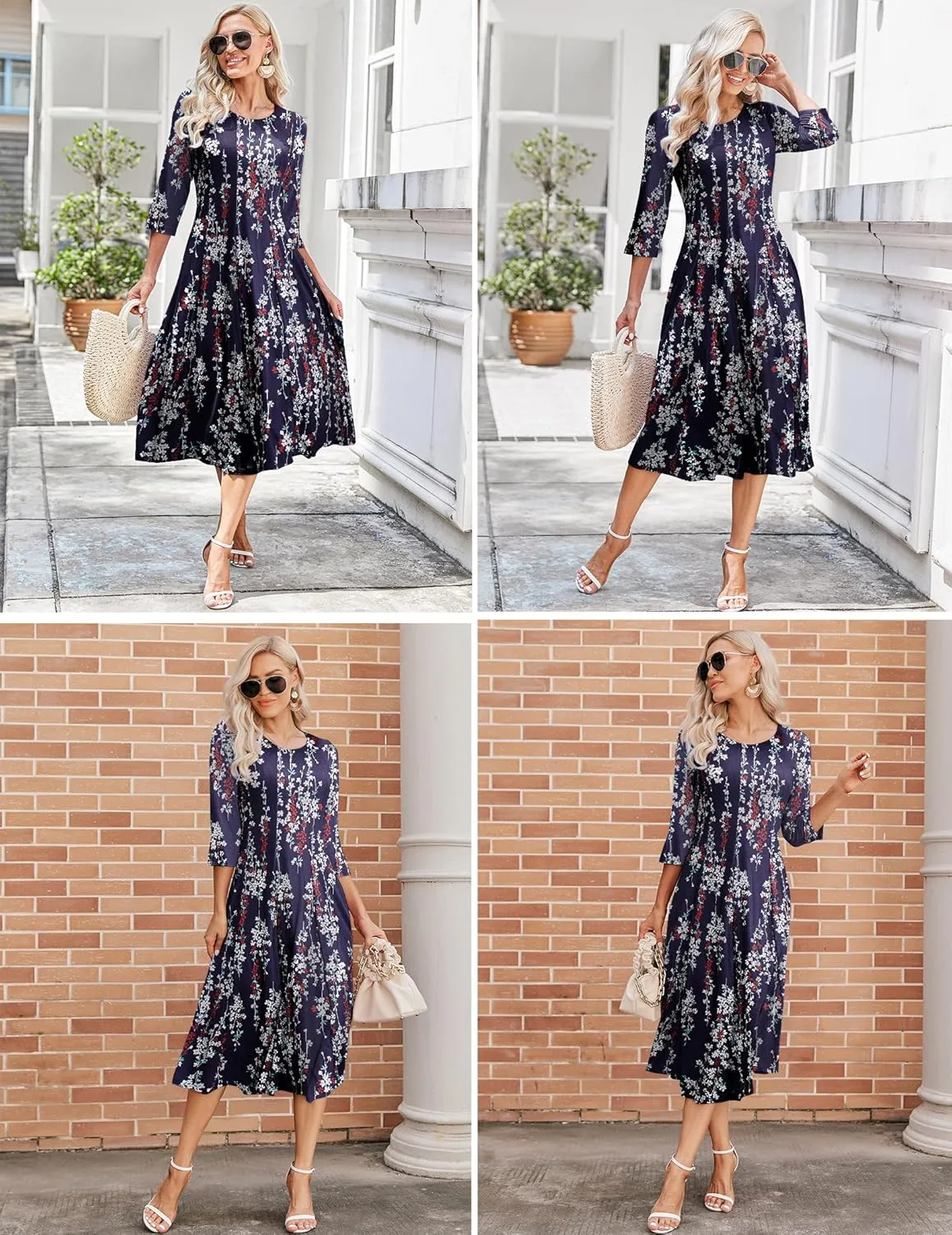HOTOUCH Women's 3/4 Sleeve A-line and Flare Midi Long Dress