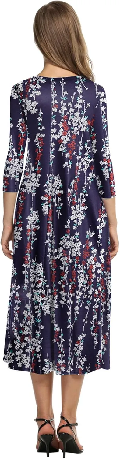 HOTOUCH Women's 3/4 Sleeve A-line and Flare Midi Long Dress