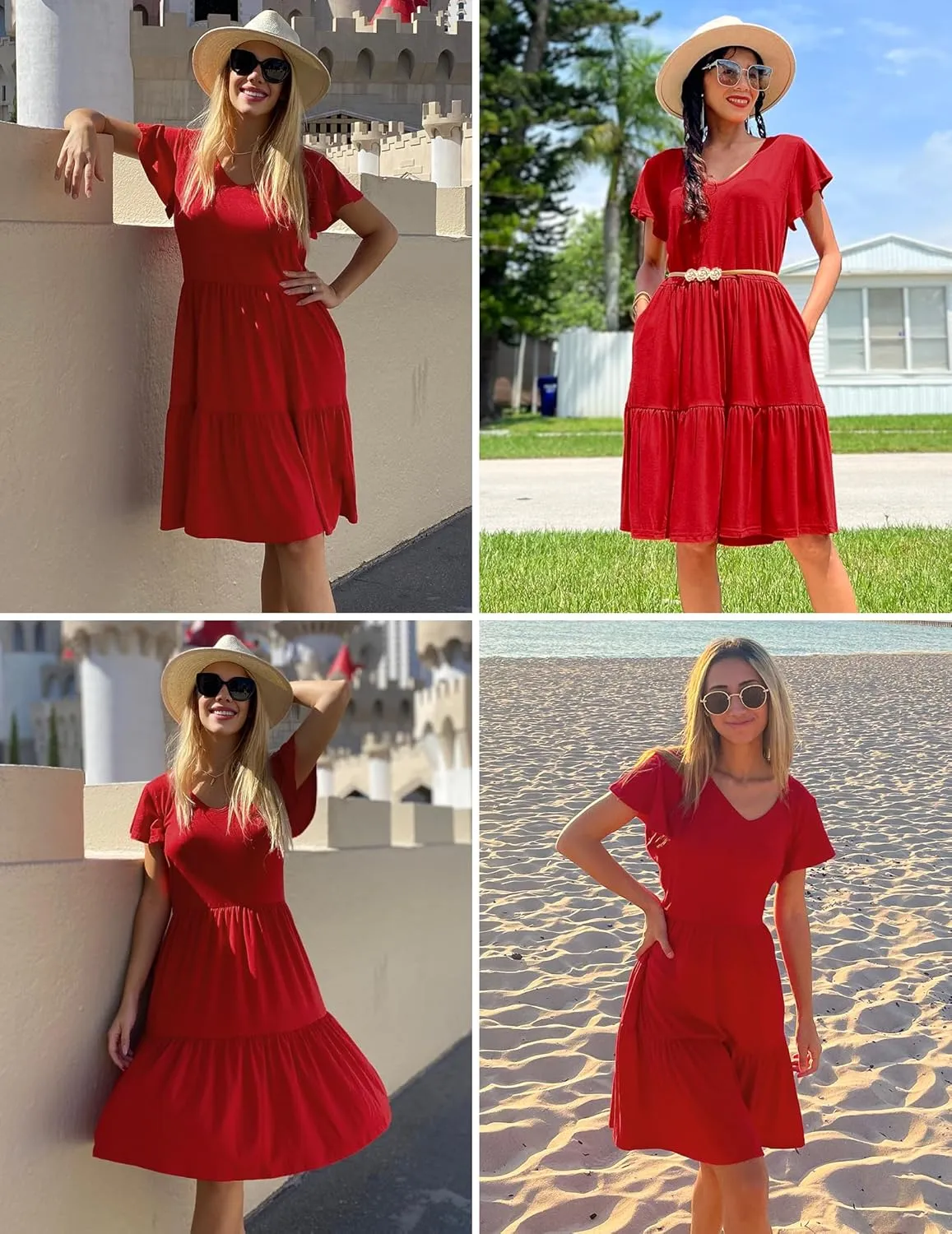 HOTOUCH Women's Casual Summer Dress with Pockets V Neck Ruffle Sleeve A-Line Dresses