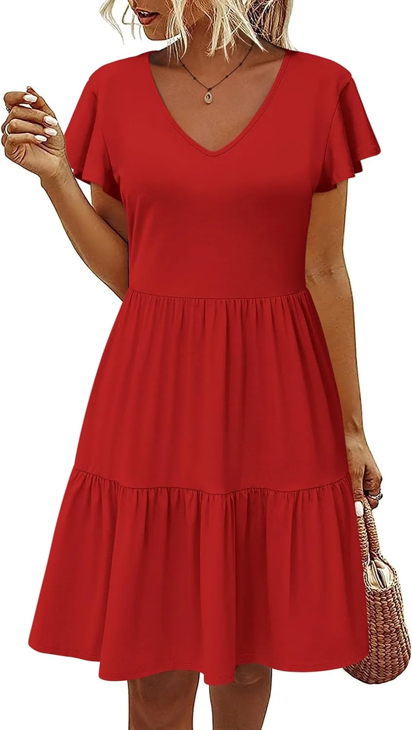 HOTOUCH Women's Casual Summer Dress with Pockets V Neck Ruffle Sleeve A-Line Dresses