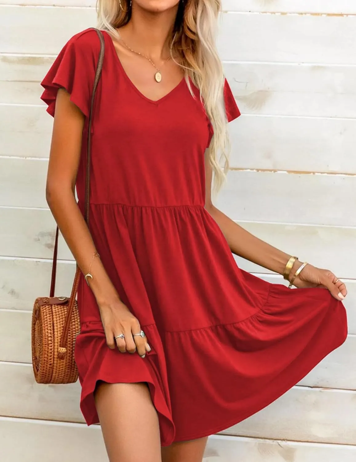 HOTOUCH Women's Casual Summer Dress with Pockets V Neck Ruffle Sleeve A-Line Dresses