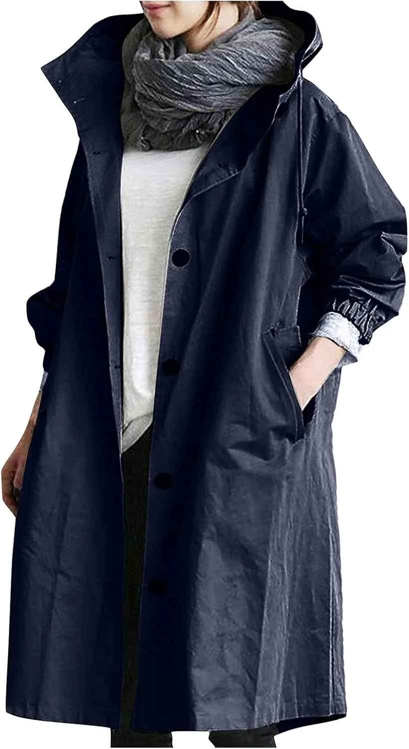 HXHYQKP Womens Trench Coat Waterproof Women's Trench Jackets Rain Jacket Hooded Oversized Elegant Windbreaker Coat Outwear