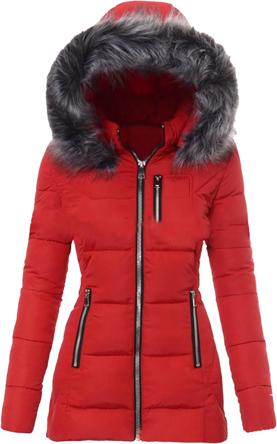 JEsilunmaMY Women's Slim Fur Hooded Puffer Jacket Warm Winter Coat Thicken Parka With Zip Pocket Insulated Padded Snow Jacket