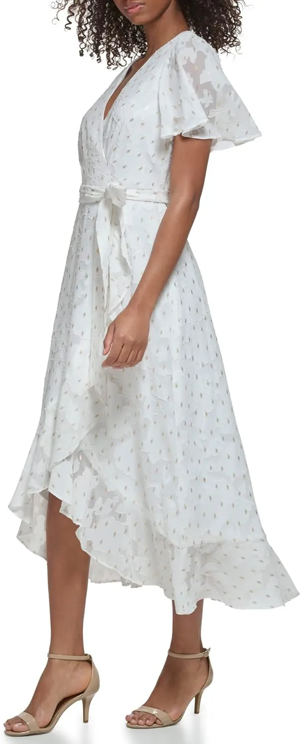 Jessica Howard Women's Wrap Chiffon Midi Dress ?C Short Sleeve Clip Dot Print