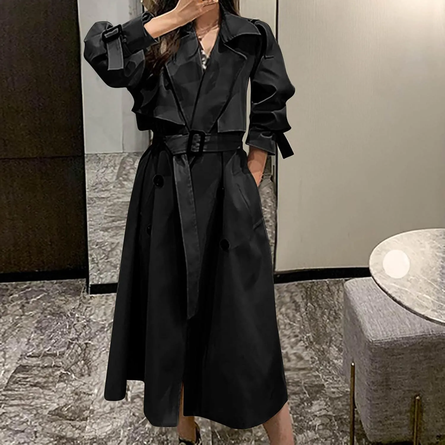 JOAU Womens Long Trench Coat Double Breasted Notched Lapel Windproof Overcoat with Belt Casual Lightweight Pockets Jackets