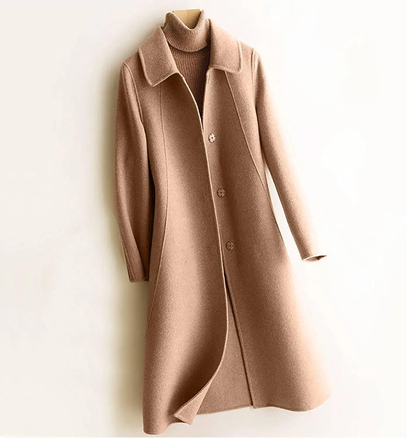 JOAU Women's Mid-Length Trench Coat Casual Fashion Slim Fit Lapel Button Down Wool Blend Pea Coats Elegant Overcoat Jackets