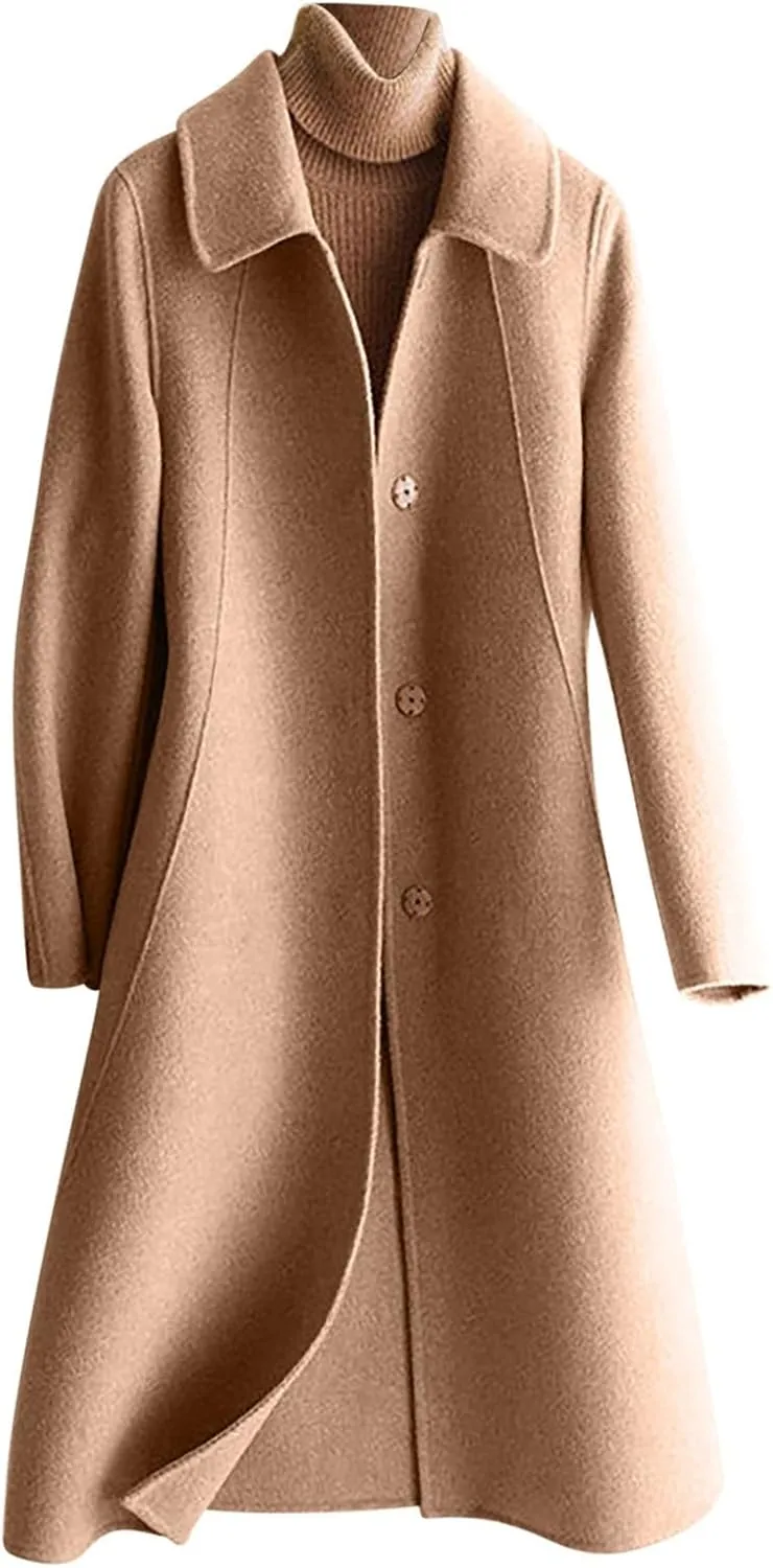 JOAU Women's Mid-Length Trench Coat Casual Fashion Slim Fit Lapel Button Down Wool Blend Pea Coats Elegant Overcoat Jackets