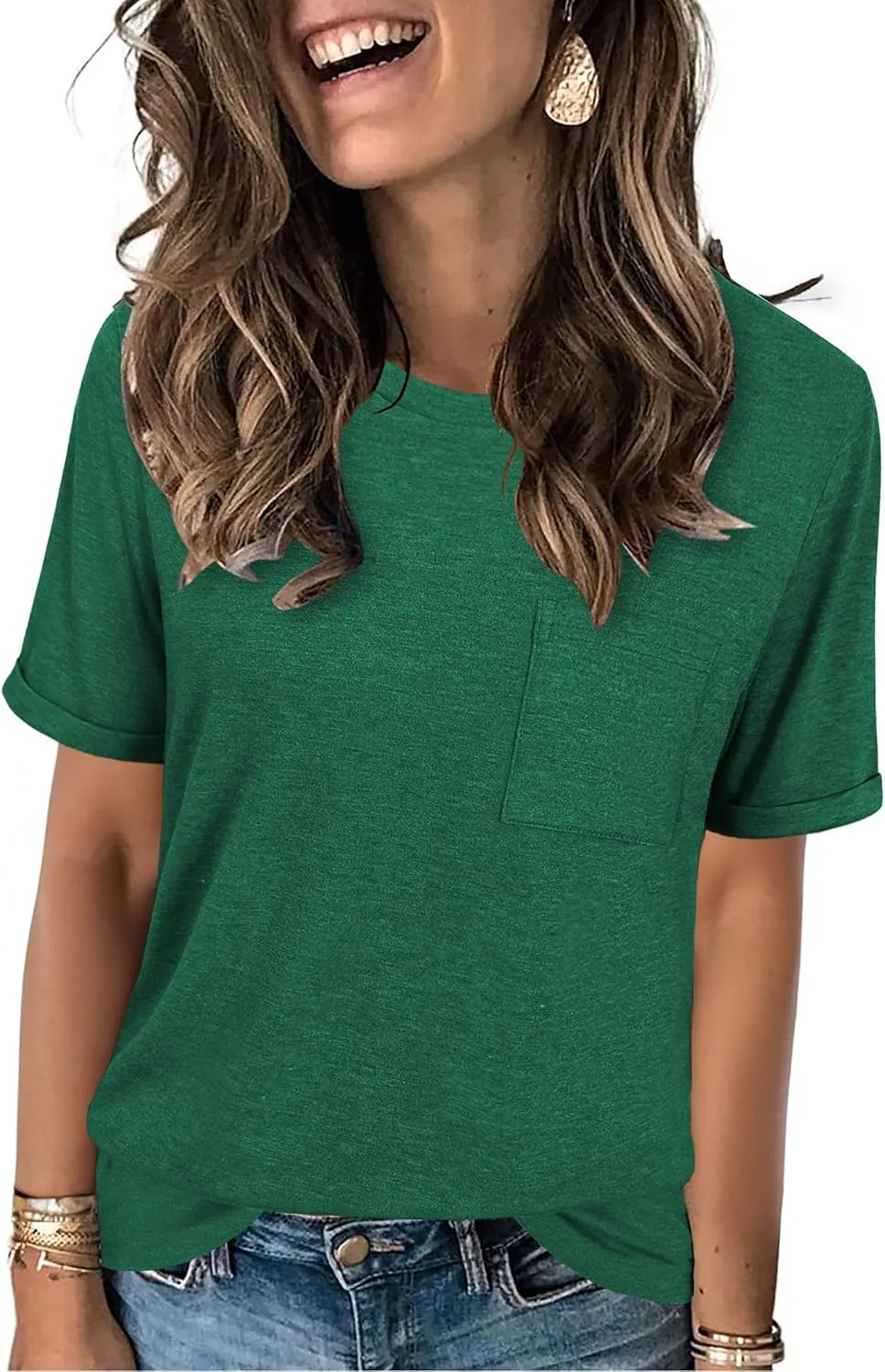 JomeDesign Womens Summer Tops Casual Short Sleeve Shirts with Pocket Lightweight Crew Neck Tee Classic Fit