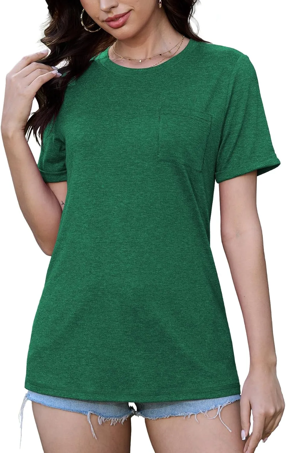 JomeDesign Womens Summer Tops Casual Short Sleeve Shirts with Pocket Lightweight Crew Neck Tee Classic Fit