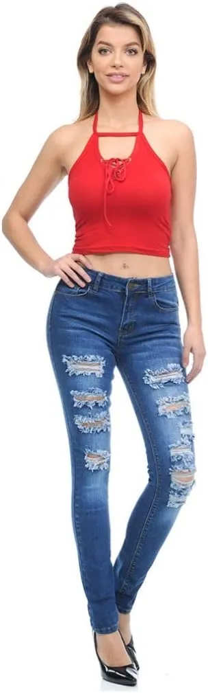 Juniors Women's Blue Jean Denim Stretch Skinny Ripped Distressed Jeans Pants