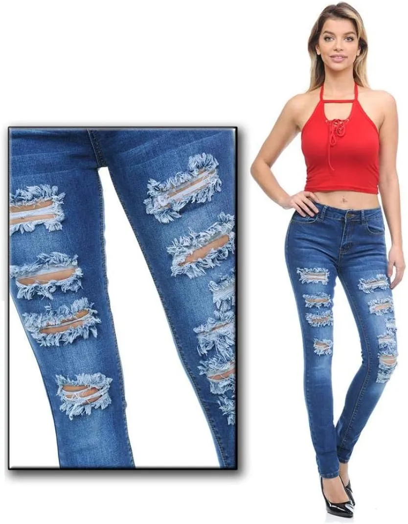 Juniors Women's Blue Jean Denim Stretch Skinny Ripped Distressed Jeans Pants