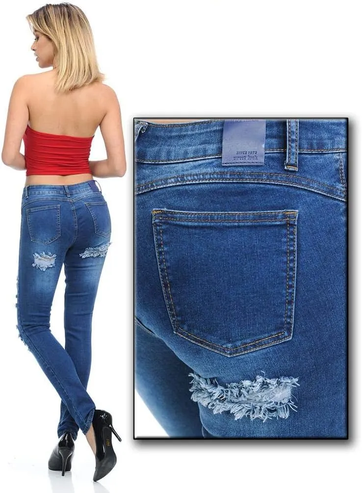 Juniors Women's Blue Jean Denim Stretch Skinny Ripped Distressed Jeans Pants