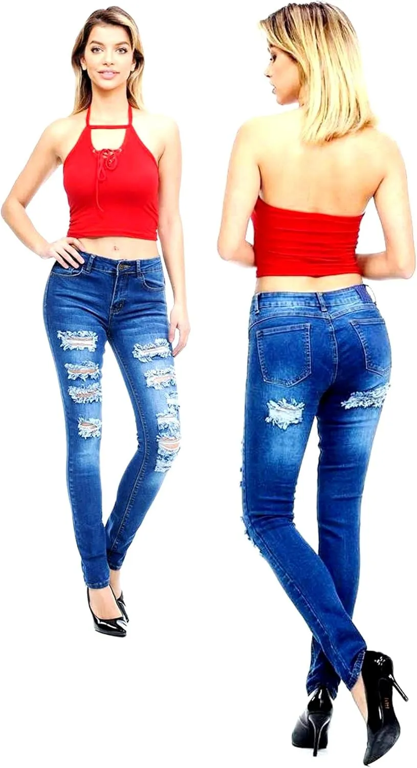 Juniors Women's Blue Jean Denim Stretch Skinny Ripped Distressed Jeans Pants
