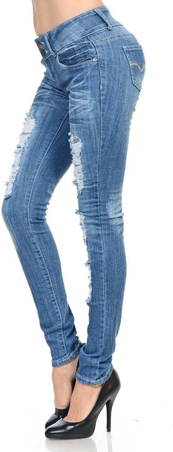 Juniors Women's Blue Jean Denim Stretch Skinny Ripped Distressed Jeans Pants