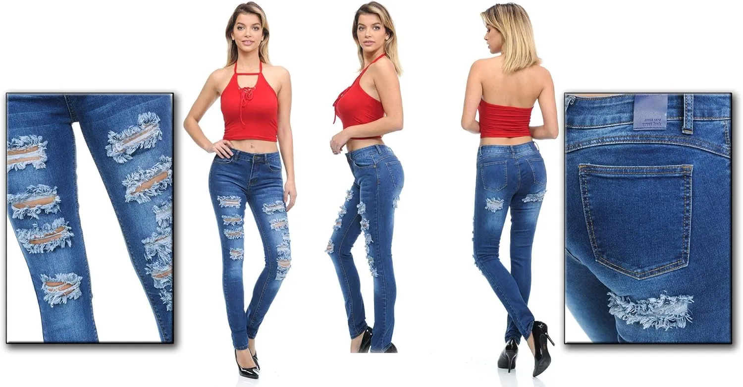 Juniors Women's Blue Jean Denim Stretch Skinny Ripped Distressed Jeans Pants