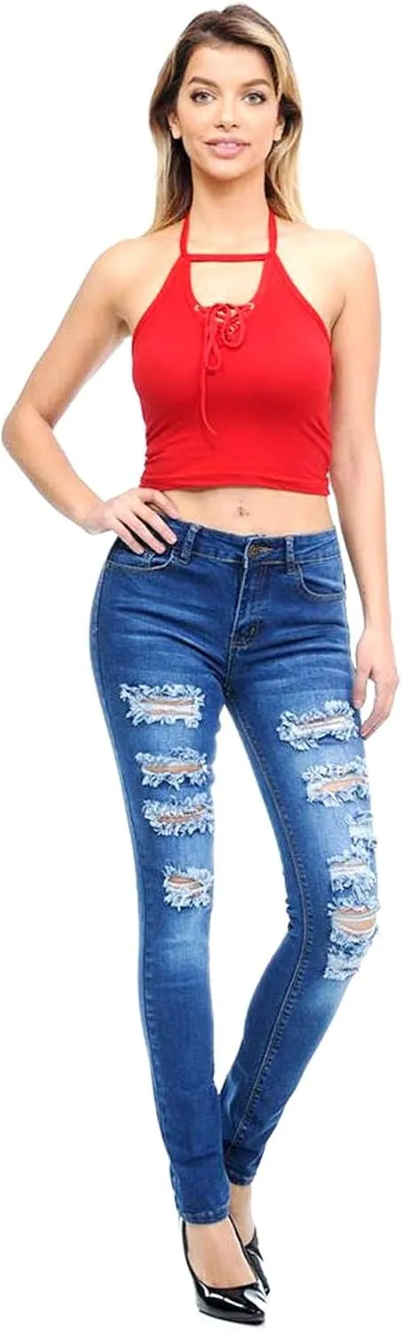 Juniors Women's Blue Jean Denim Stretch Skinny Ripped Distressed Jeans Pants