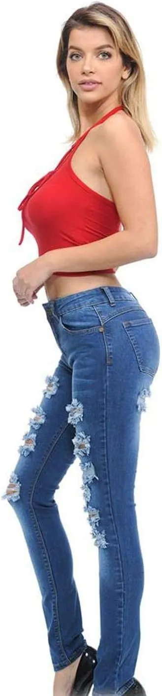 Juniors Women's Blue Jean Denim Stretch Skinny Ripped Distressed Jeans Pants