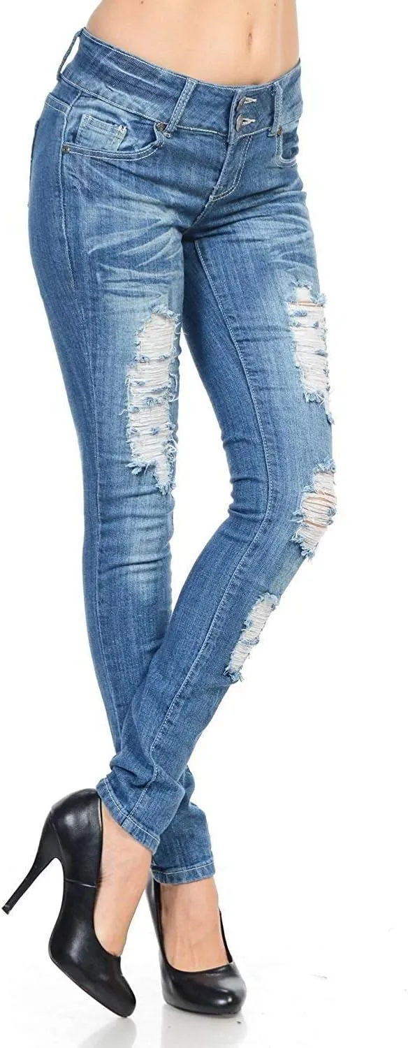 Juniors Women's Blue Jean Denim Stretch Skinny Ripped Distressed Jeans Pants
