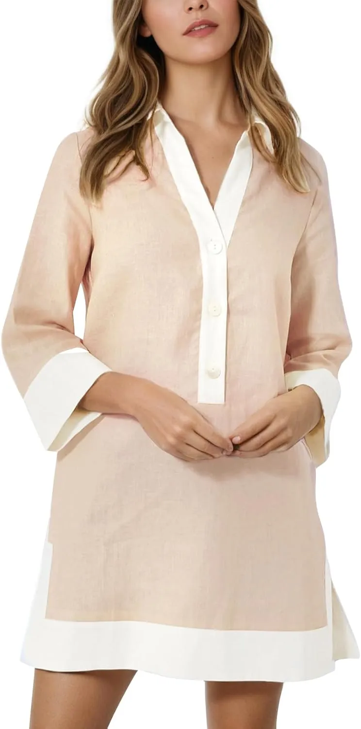 Kedera Women Botton Shirt Dress V Neck Short Sleeves Summer Linen Shift Tunic Dress with Pockets