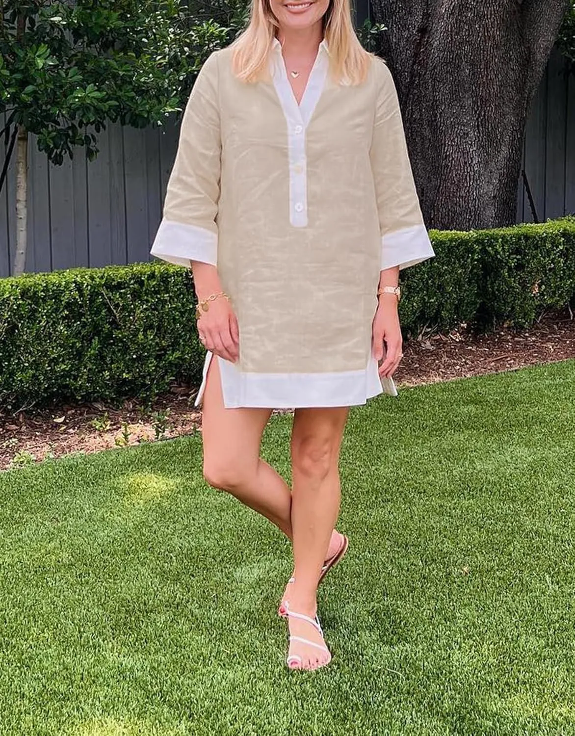 Kedera Women Botton Shirt Dress V Neck Short Sleeves Summer Linen Shift Tunic Dress with Pockets