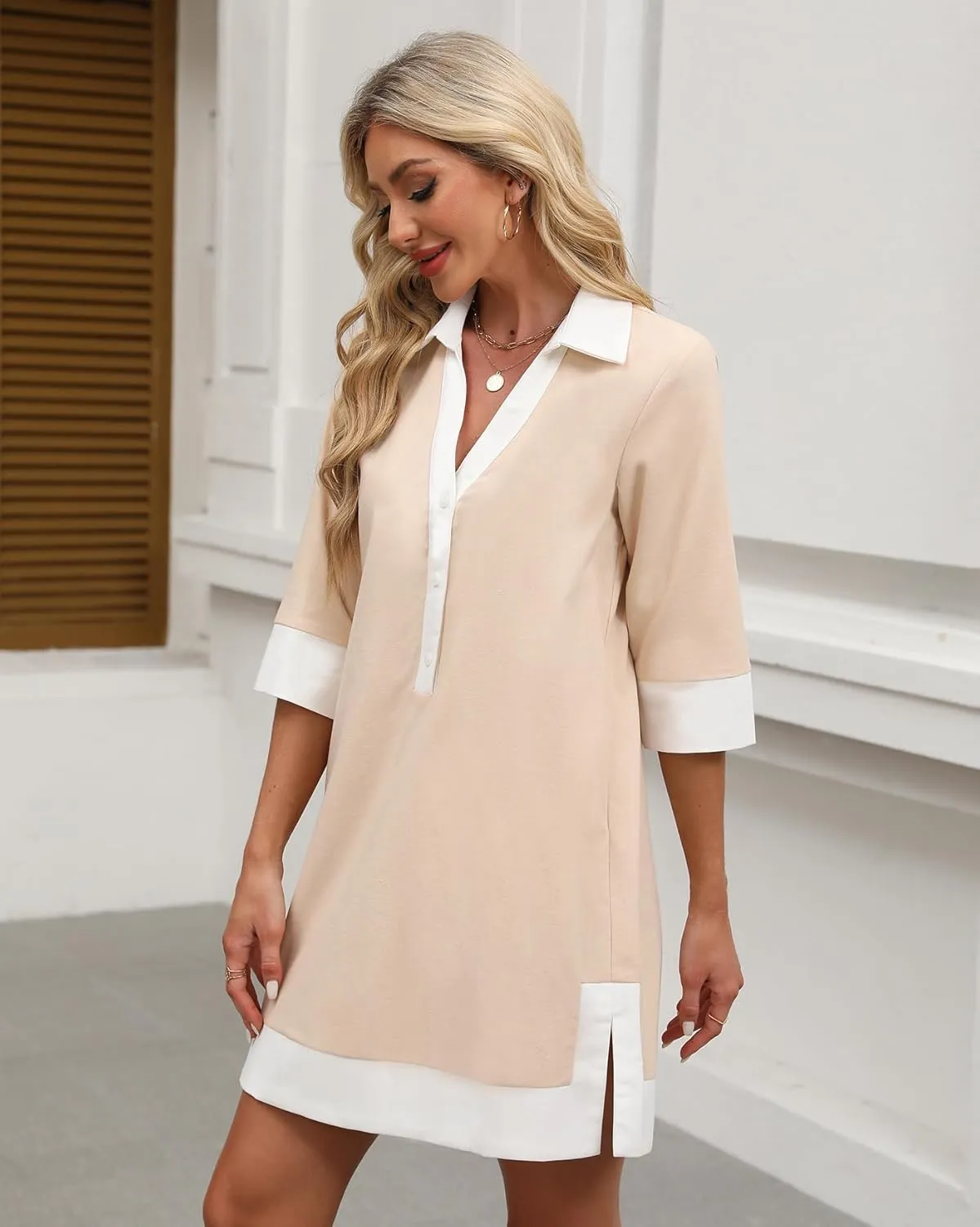 Kedera Women Botton Shirt Dress V Neck Short Sleeves Summer Linen Shift Tunic Dress with Pockets